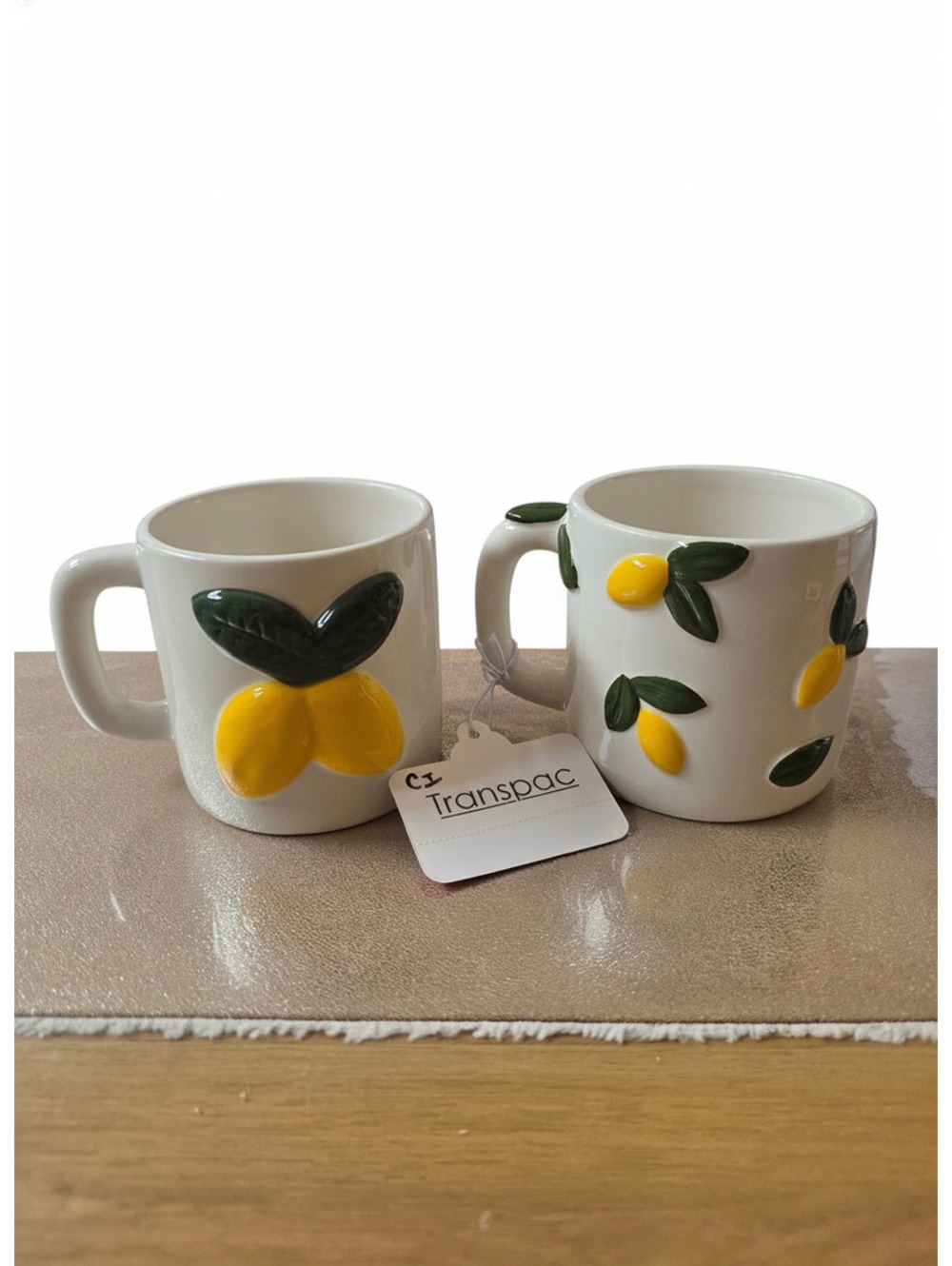 Transpac Ceramic Lemon Pattern Coffee Mug Set of 2